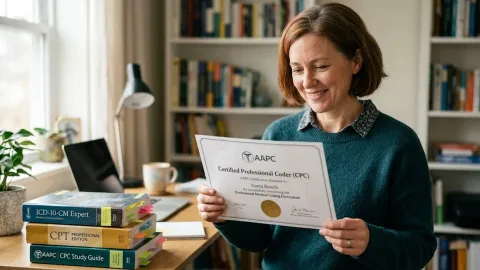 Woman celebrating CPC certification success at her home desk