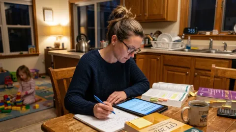 Parent studying for CPC exam at kitchen desk with child nearby