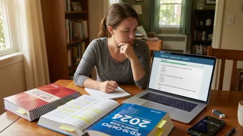 Medical coder doing timed CPC mock exam practice at home with coding books