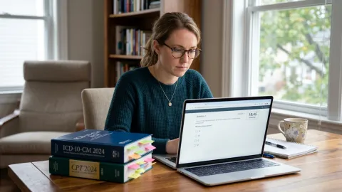 Person taking a CPC practice test on a laptop with medical coding textbooks open beside them