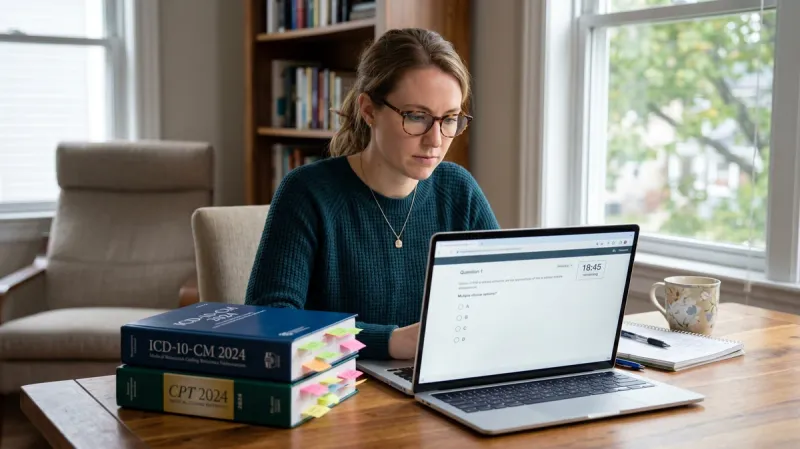 Person taking a CPC practice test on a laptop with medical coding textbooks open beside them