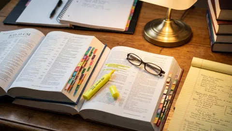 ICD-10 coding books open showing excludes notes for CPC exam study