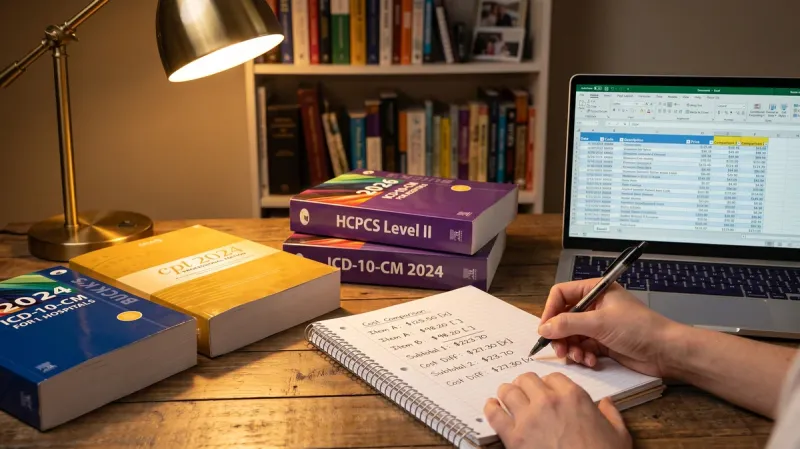 Study desk with CPC certification materials and budget notes