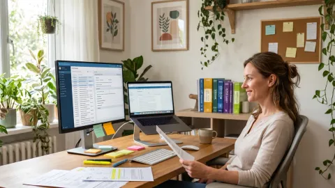 Remote medical coder working from home on laptop in bright home office