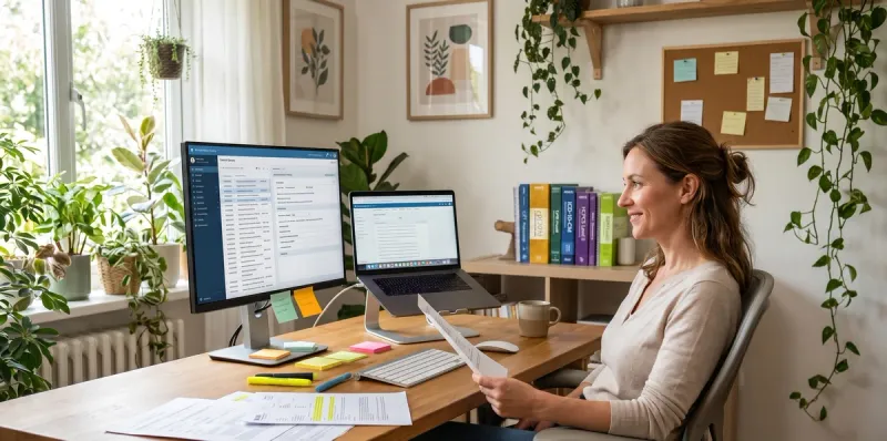 Remote medical coder working from home on laptop in bright home office