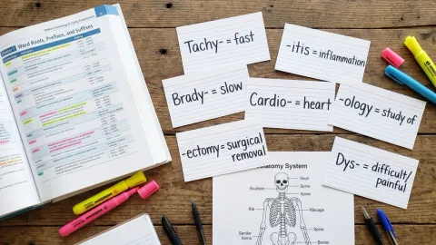 Medical terminology flashcards and anatomy notes spread on desk for CPC exam