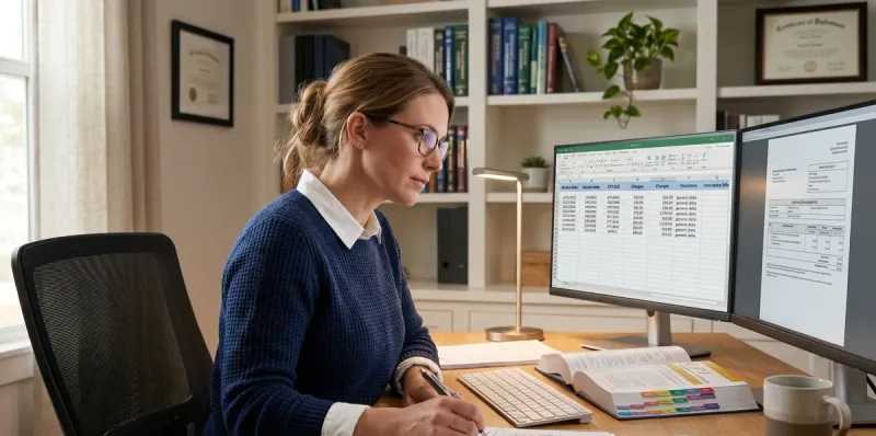 Medical billing professional reviewing NCCI bundling edits on dual monitors