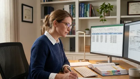 Medical billing professional reviewing NCCI bundling edits on dual monitors