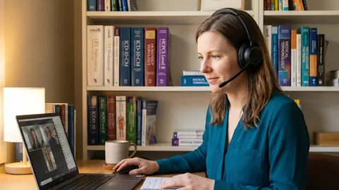 Remote medical coder on video call in bright home office