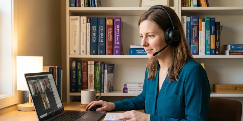 Remote medical coder on video call in bright home office